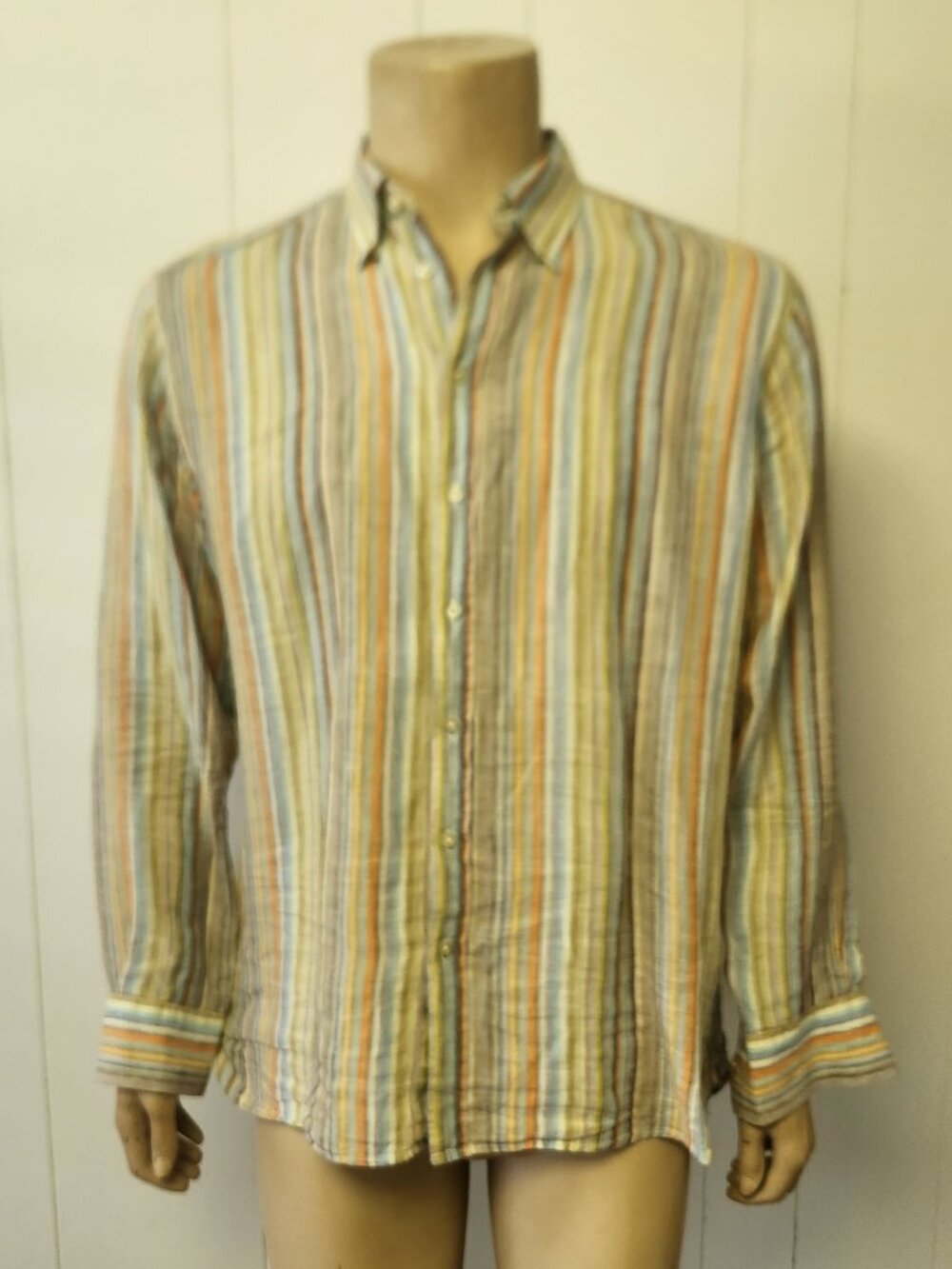 striped linen shirt L men's multi-color Toscano long sleeve